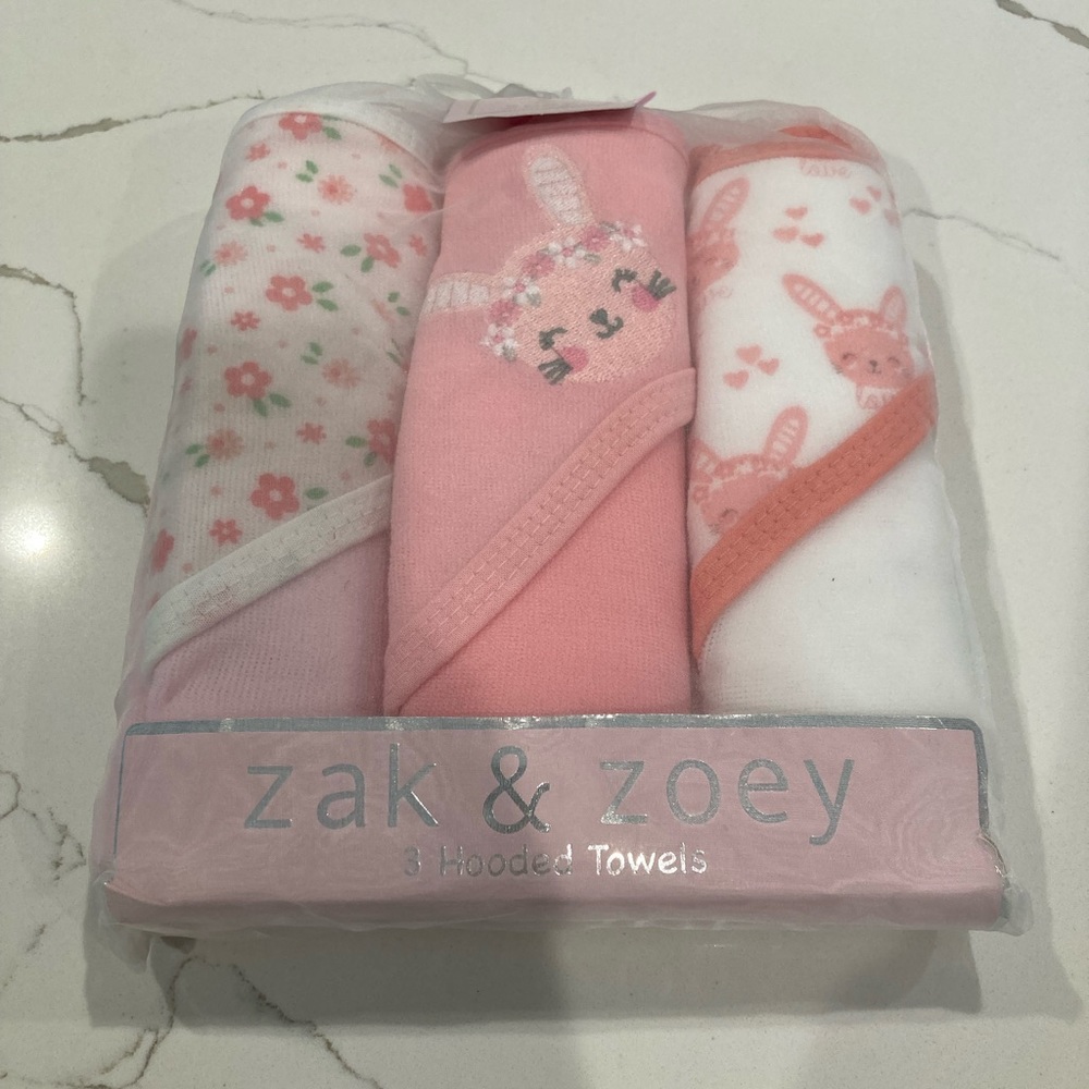 NWT set of 3 baby girl zak & zoey hood bath towel towels pink white flower bunny